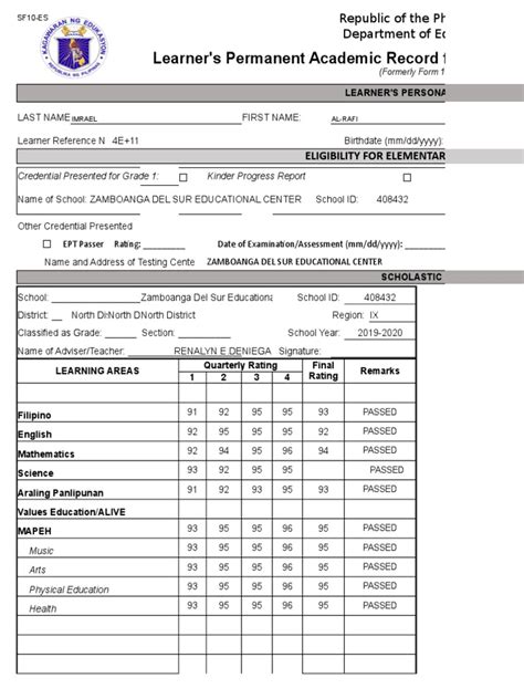 Learner's Permanent Academic Record (SF10) ELEMENTARY .